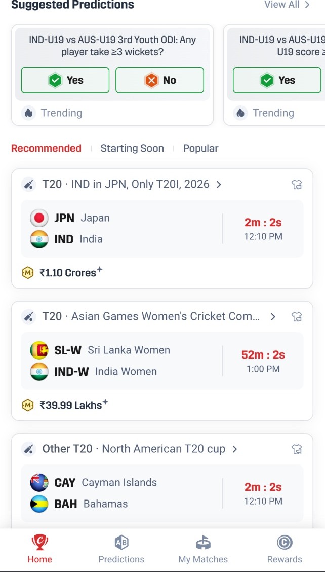 RS9 app home: suggested matches, a countdown, and the lobby under the fantasy tab