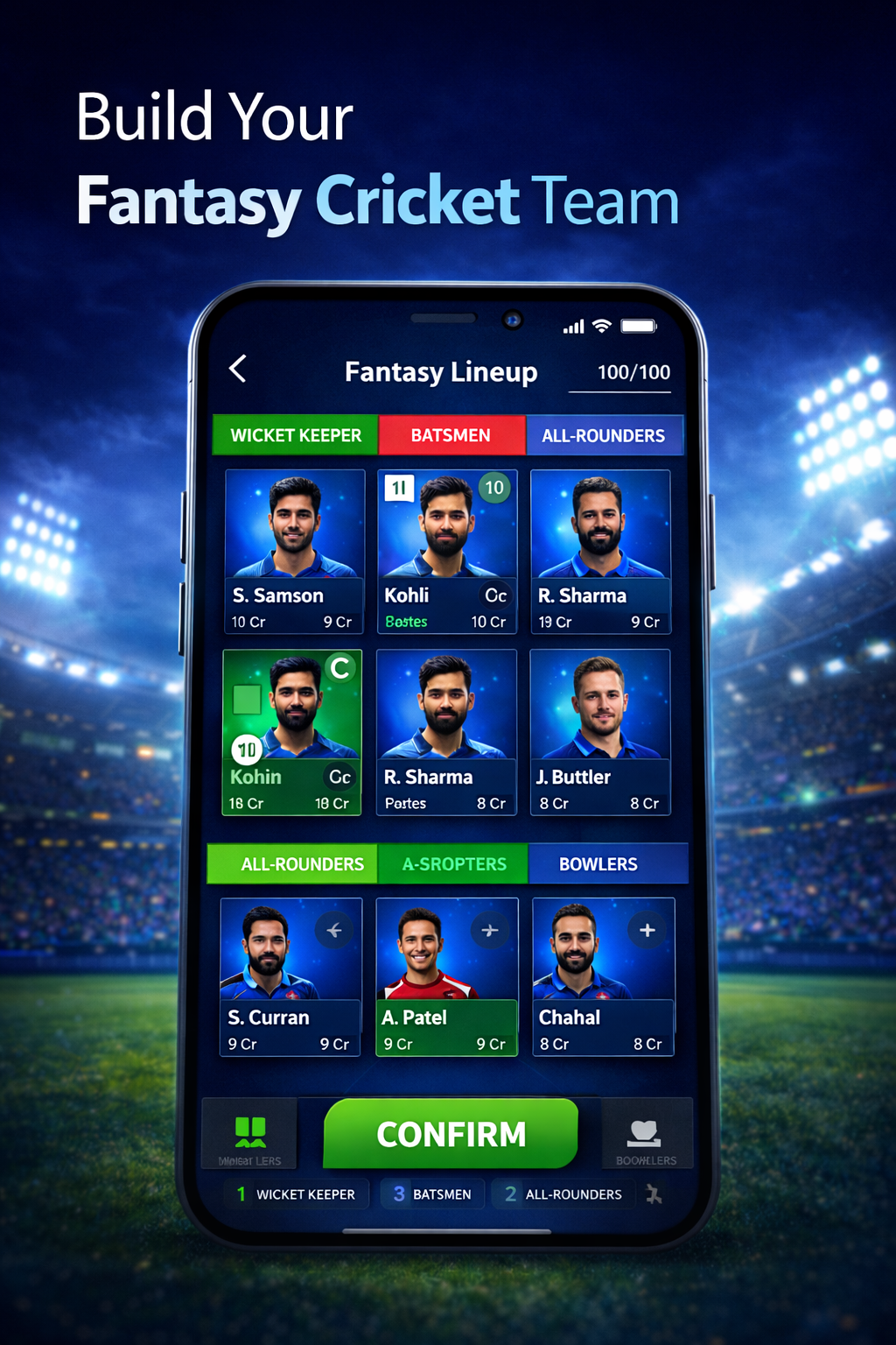 RS9 phone poster: a lineup of keepers, batters, all-rounders, and bowlers